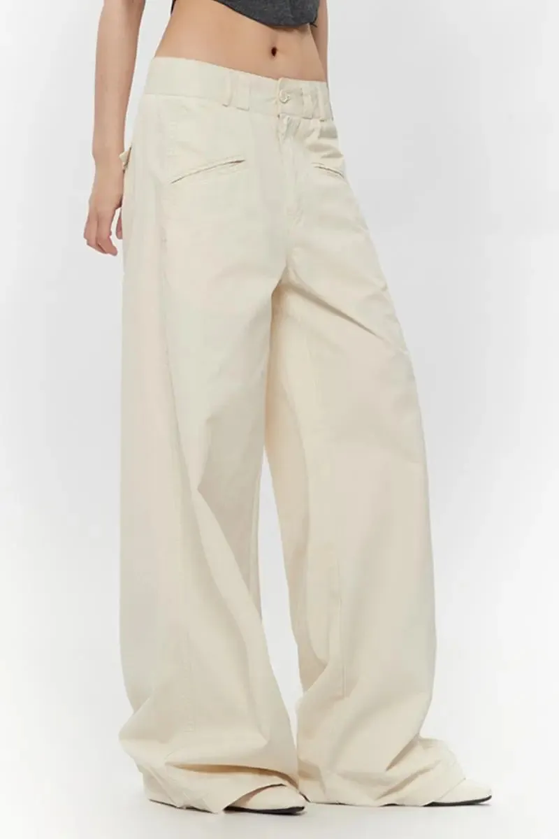 100 Cotton Low-waist Wide-leg Pants with Pockets