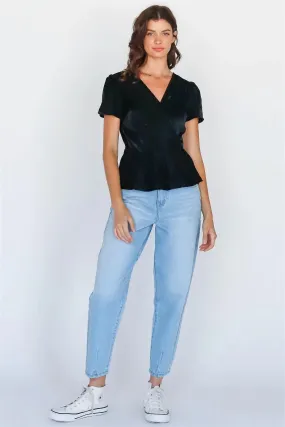 Black Velvet Wrap V-Neck Self Tie Short Sleeve Top /1-2-2-1