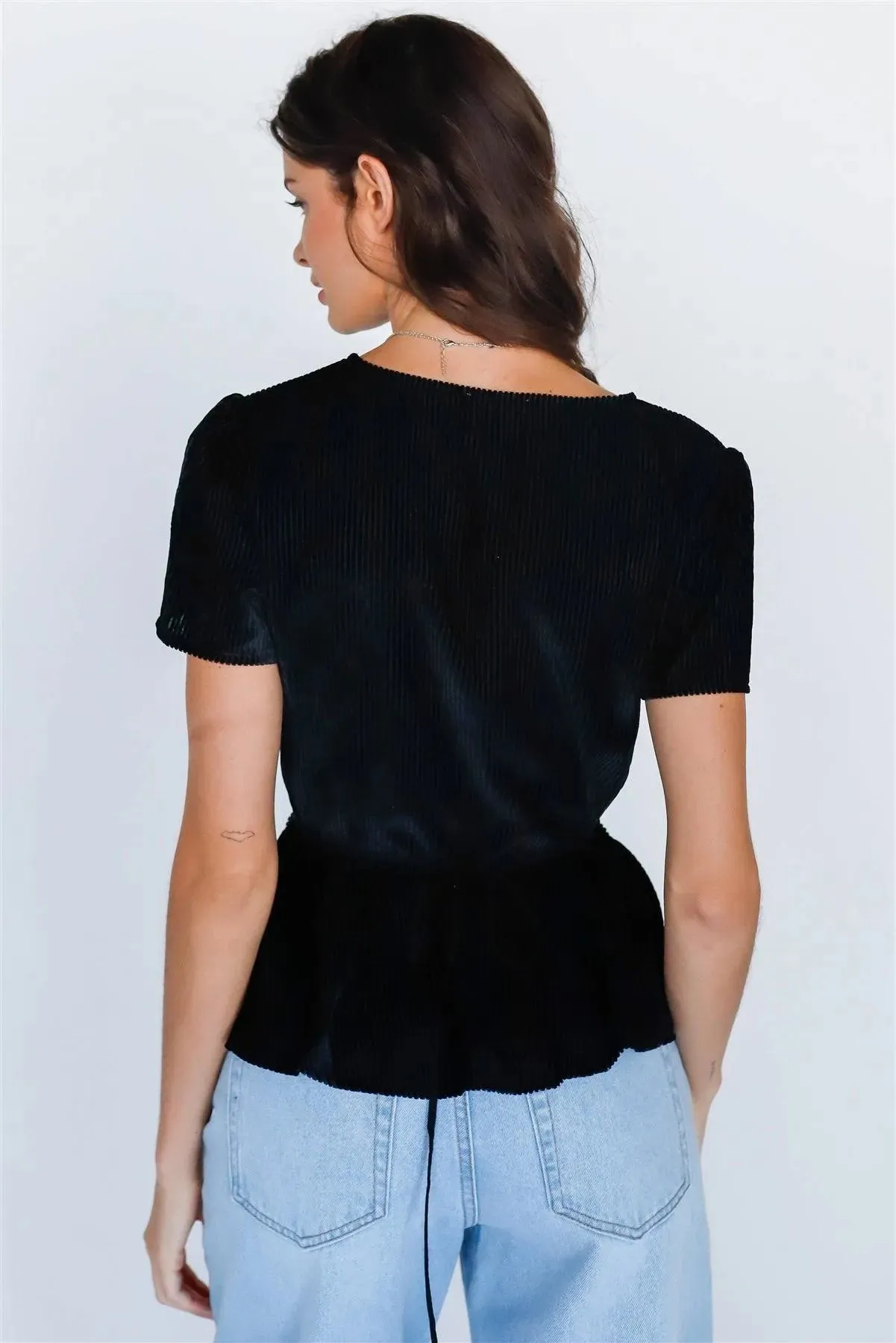 Black Velvet Wrap V-Neck Self Tie Short Sleeve Top /1-2-2-1