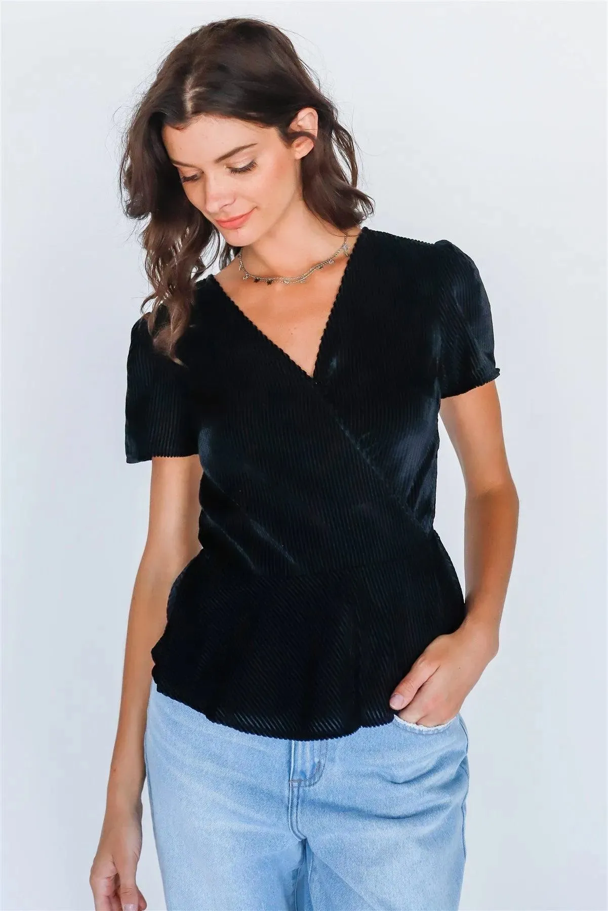 Black Velvet Wrap V-Neck Self Tie Short Sleeve Top /1-2-2-1