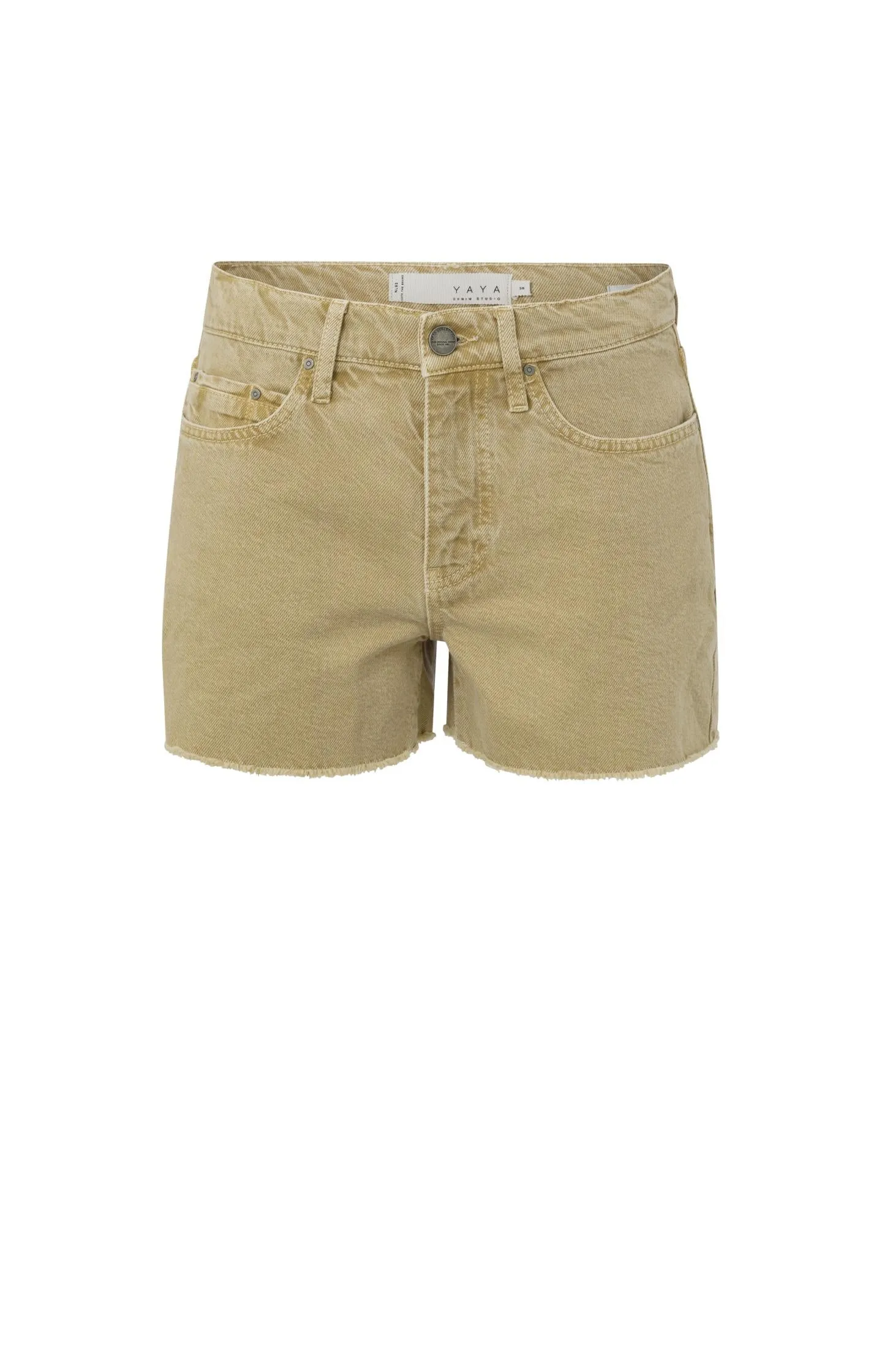 Colored denim short with high waist, pockets and zip fly
