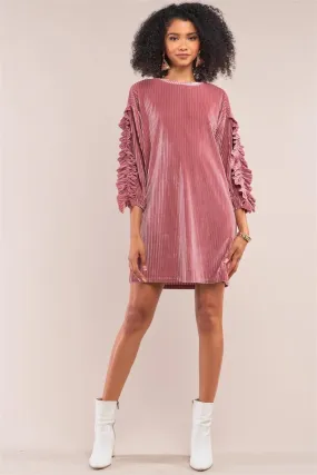 Coral Pink Velvet Ribbed Ruffle Trim Detail Long Sleeve Crew Neck Tunic Mini Dress /1-2-1
