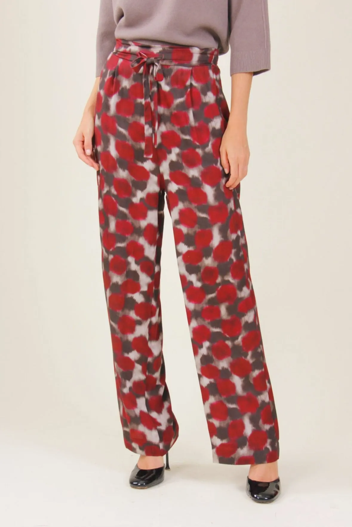Fantasia-Bordeaux Spot Pattern Palazzo Trousers