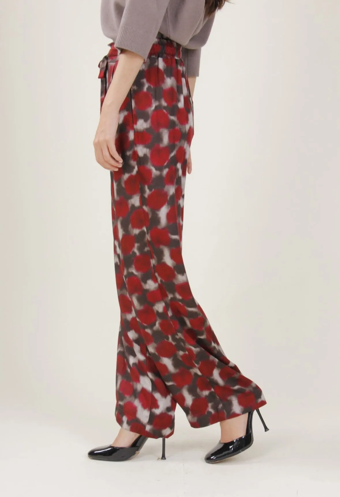 Fantasia-Bordeaux Spot Pattern Palazzo Trousers
