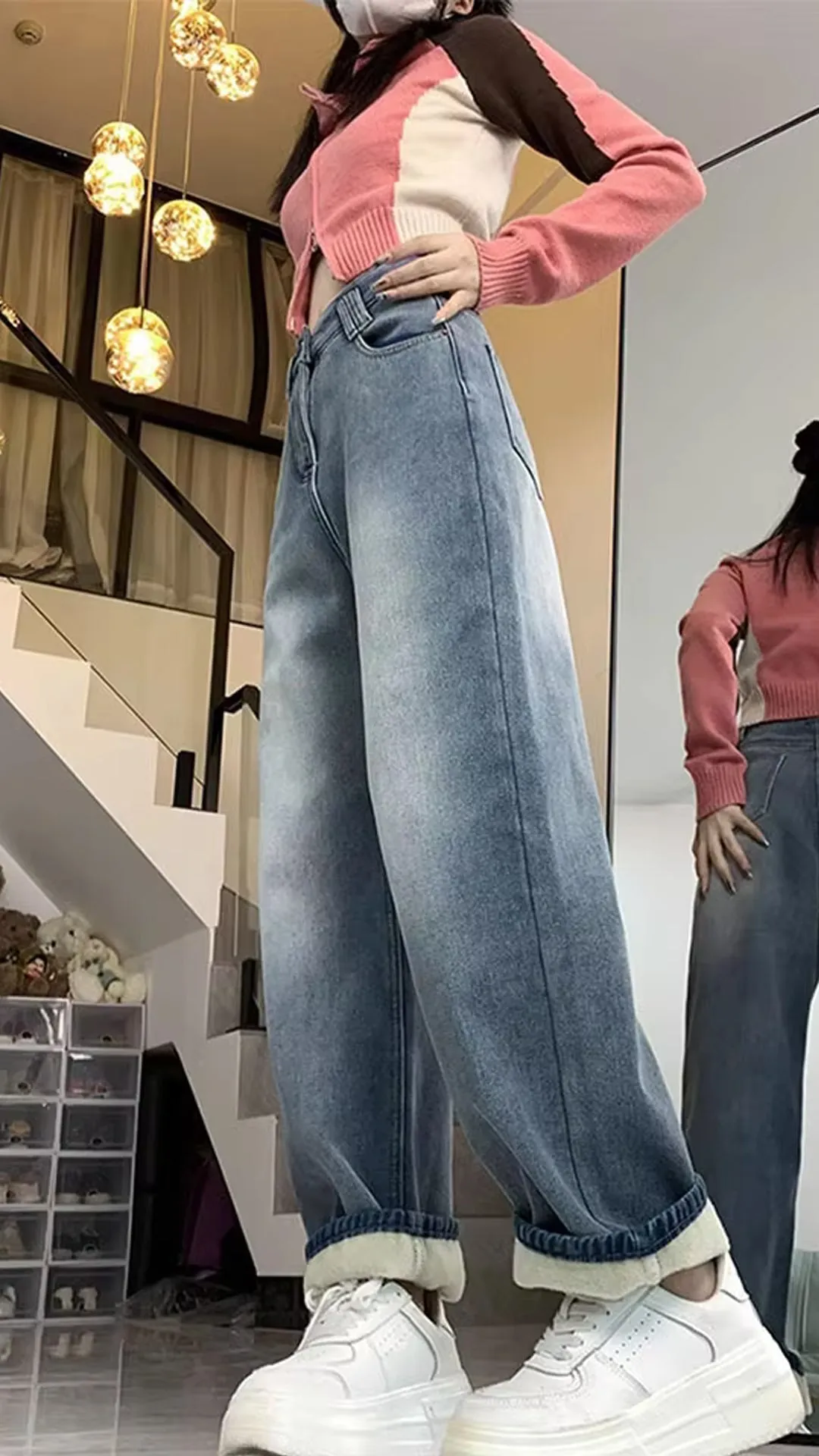 Flytonn-cute winter outfits casual winter outfits christmas outfit party look inspos High Waist Fleece Stitched Jeans Pants