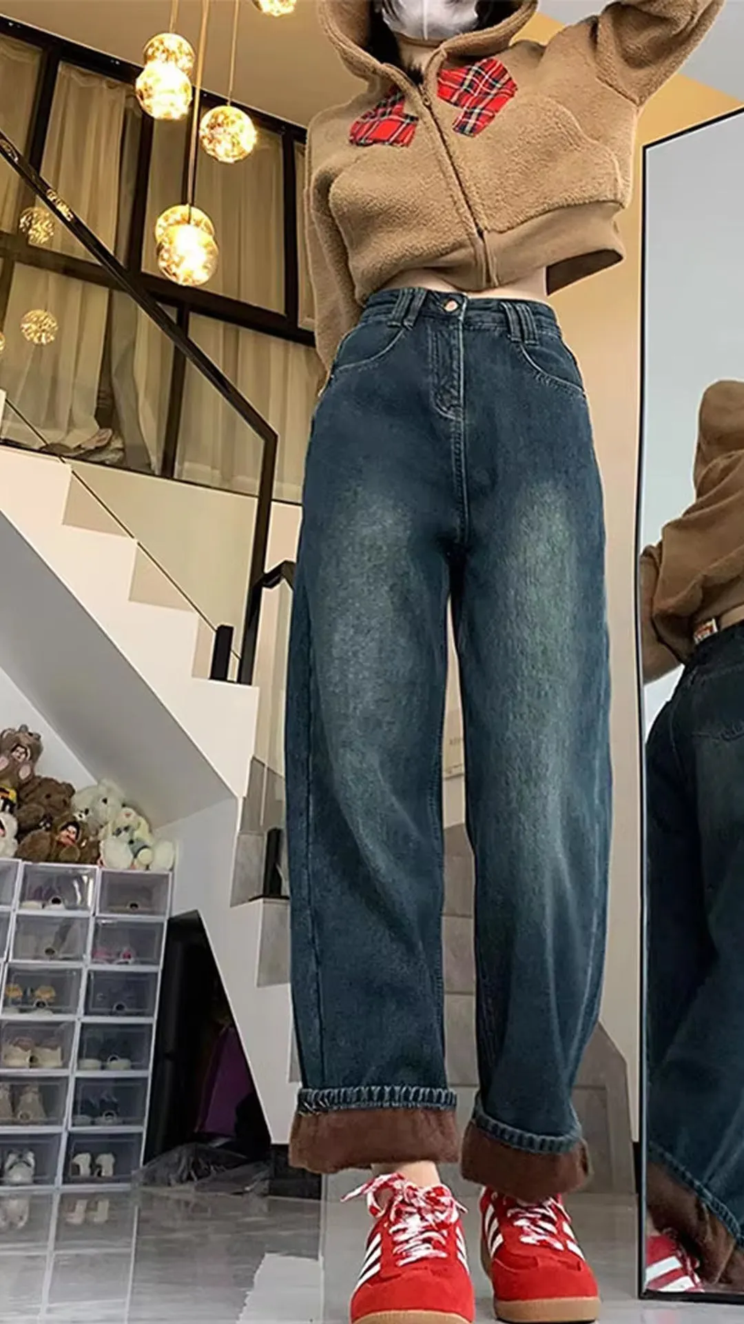Flytonn-cute winter outfits casual winter outfits christmas outfit party look inspos High Waist Fleece Stitched Jeans Pants