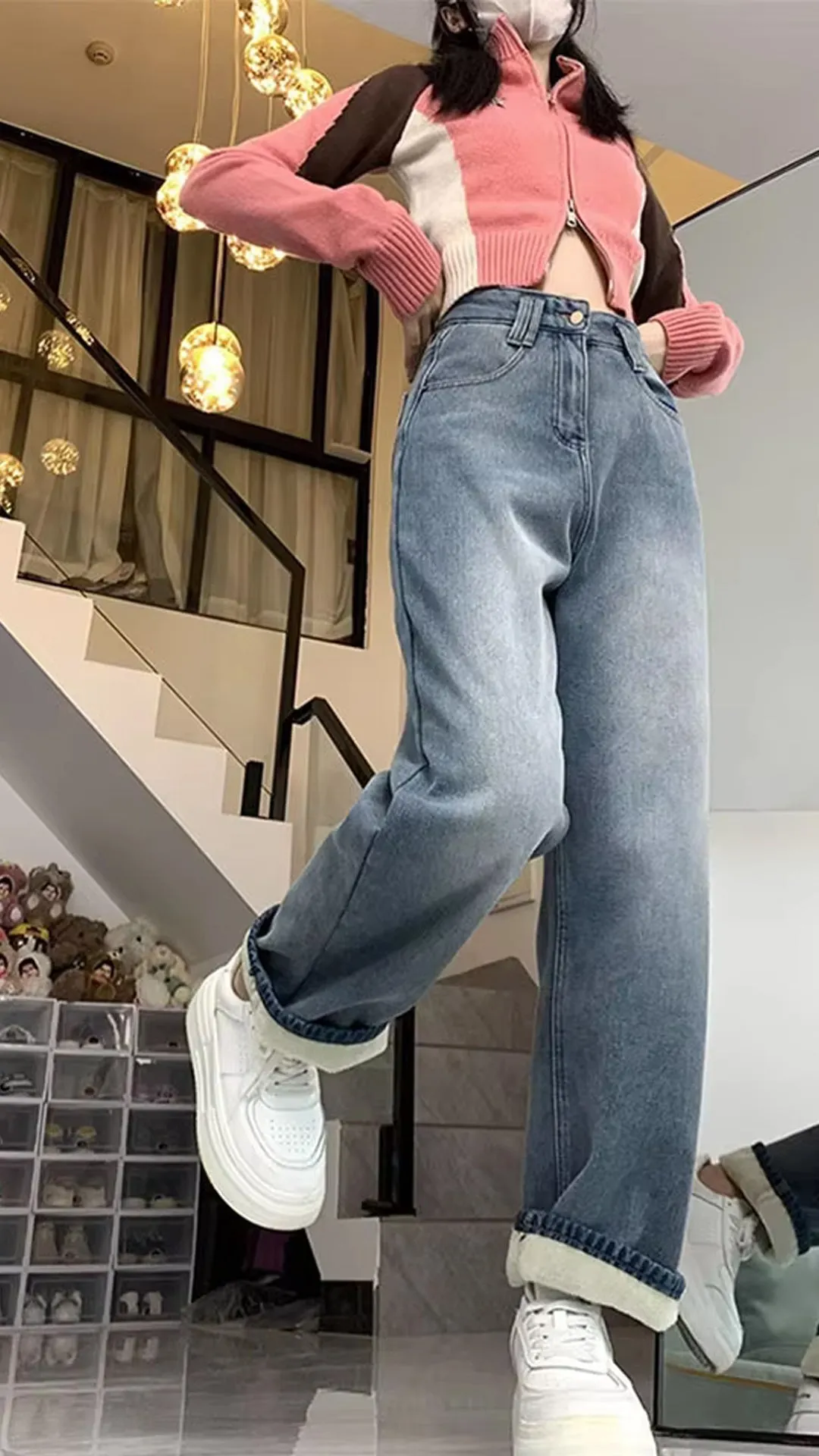 Flytonn-cute winter outfits casual winter outfits christmas outfit party look inspos High Waist Fleece Stitched Jeans Pants