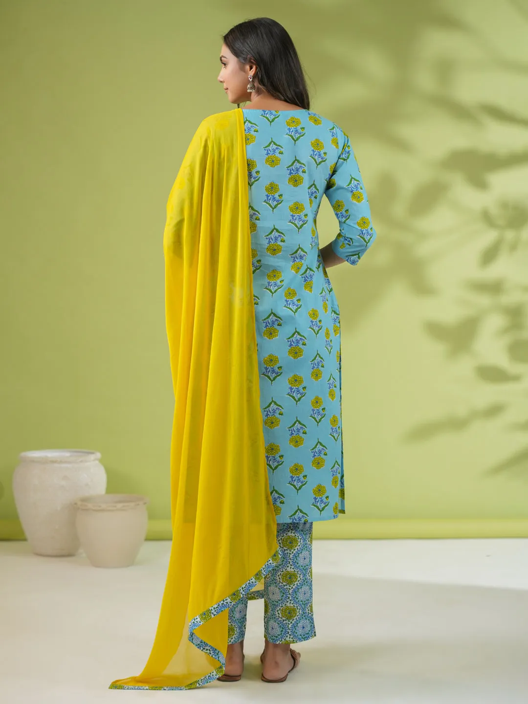Light Blue Cotton Floral Regular Kurta Pant Set