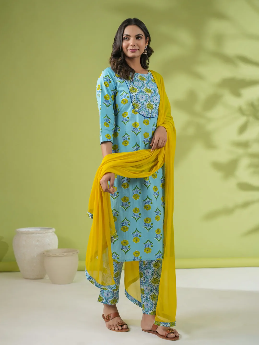 Light Blue Cotton Floral Regular Kurta Pant Set