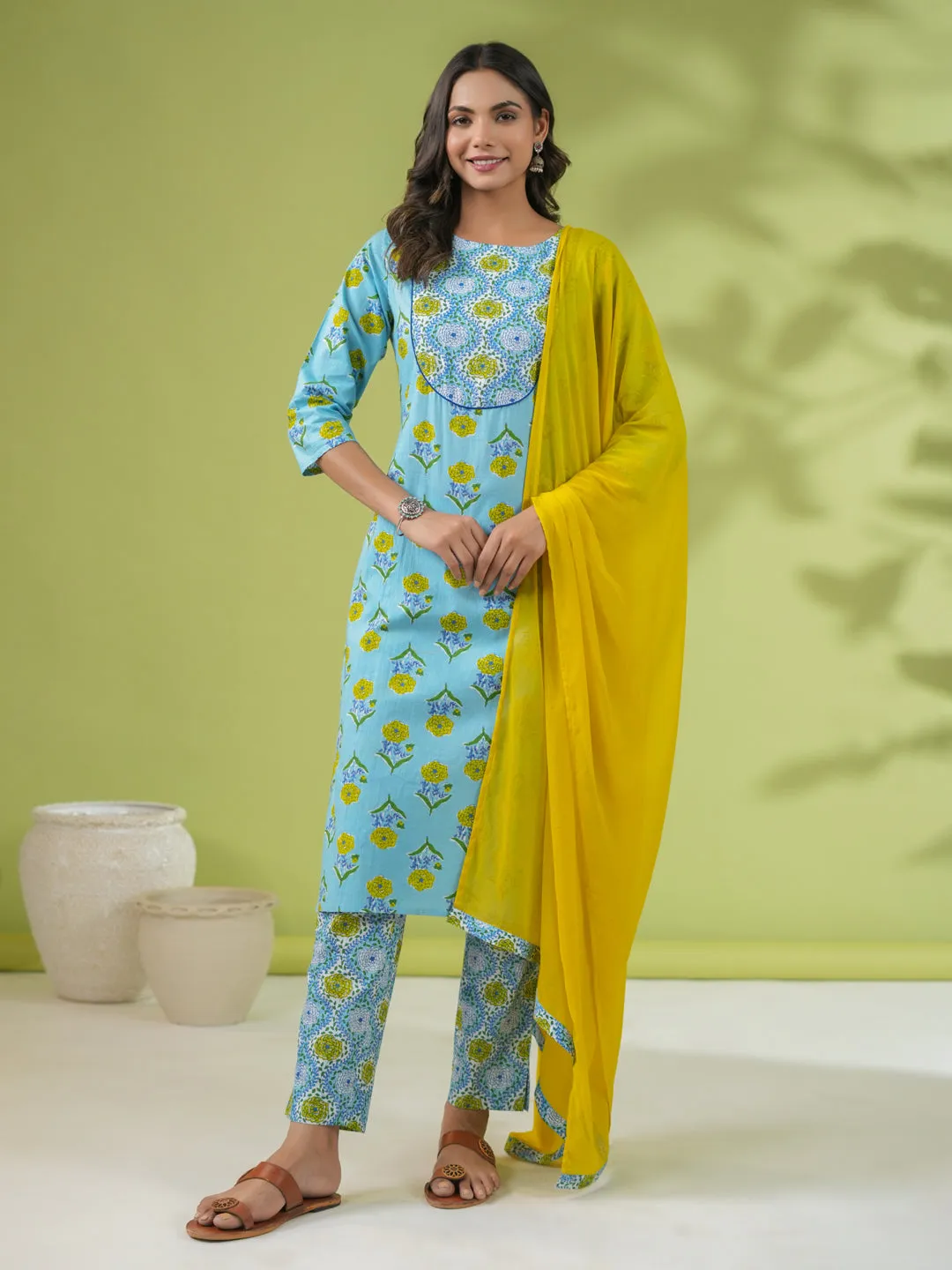 Light Blue Cotton Floral Regular Kurta Pant Set