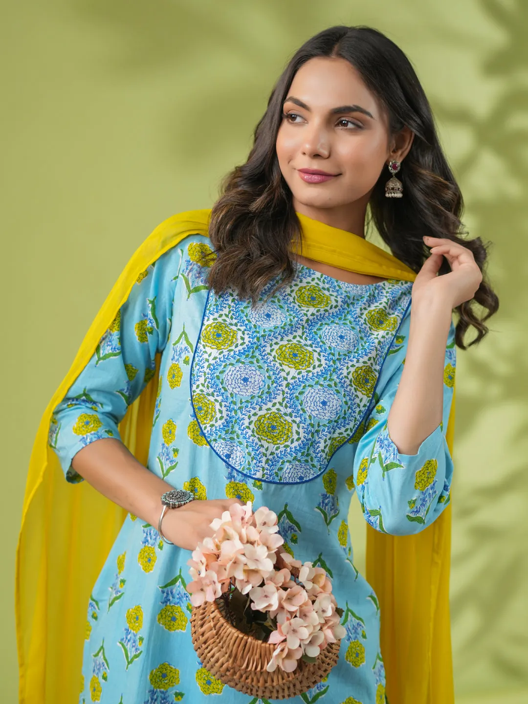 Light Blue Cotton Floral Regular Kurta Pant Set