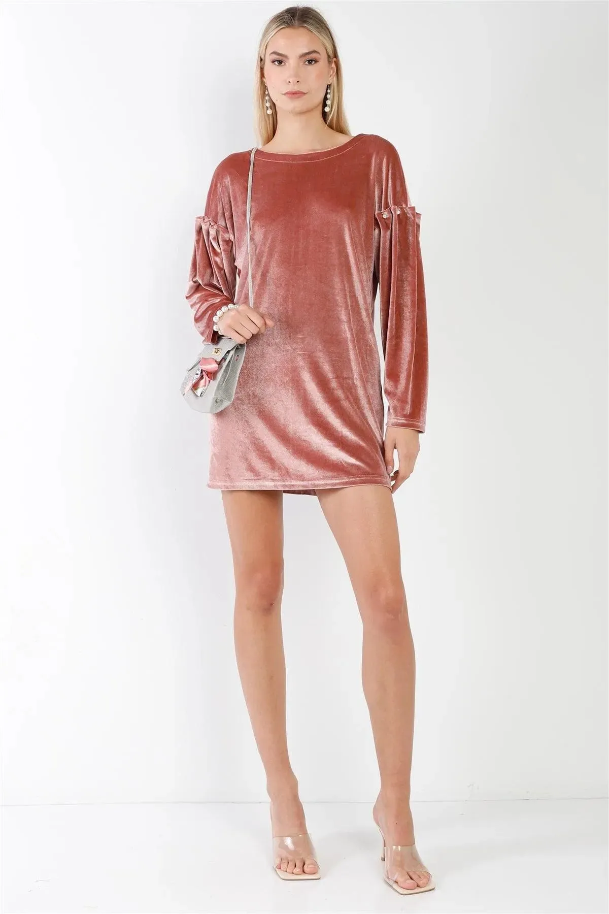 Mauve Velvet Long Sleeve Pearl Detail Mini Dress / 2-2-2