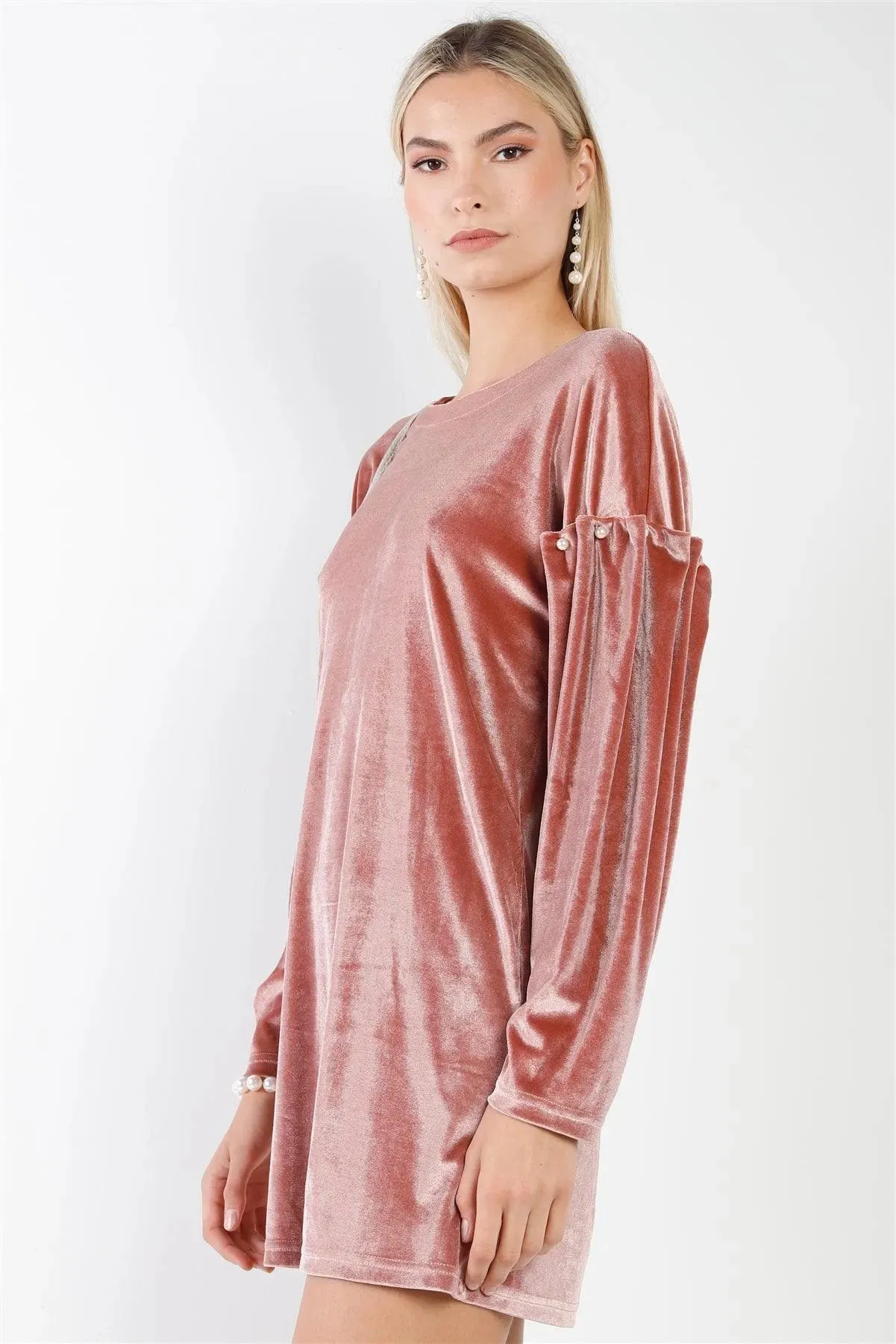 Mauve Velvet Long Sleeve Pearl Detail Mini Dress / 2-2-2