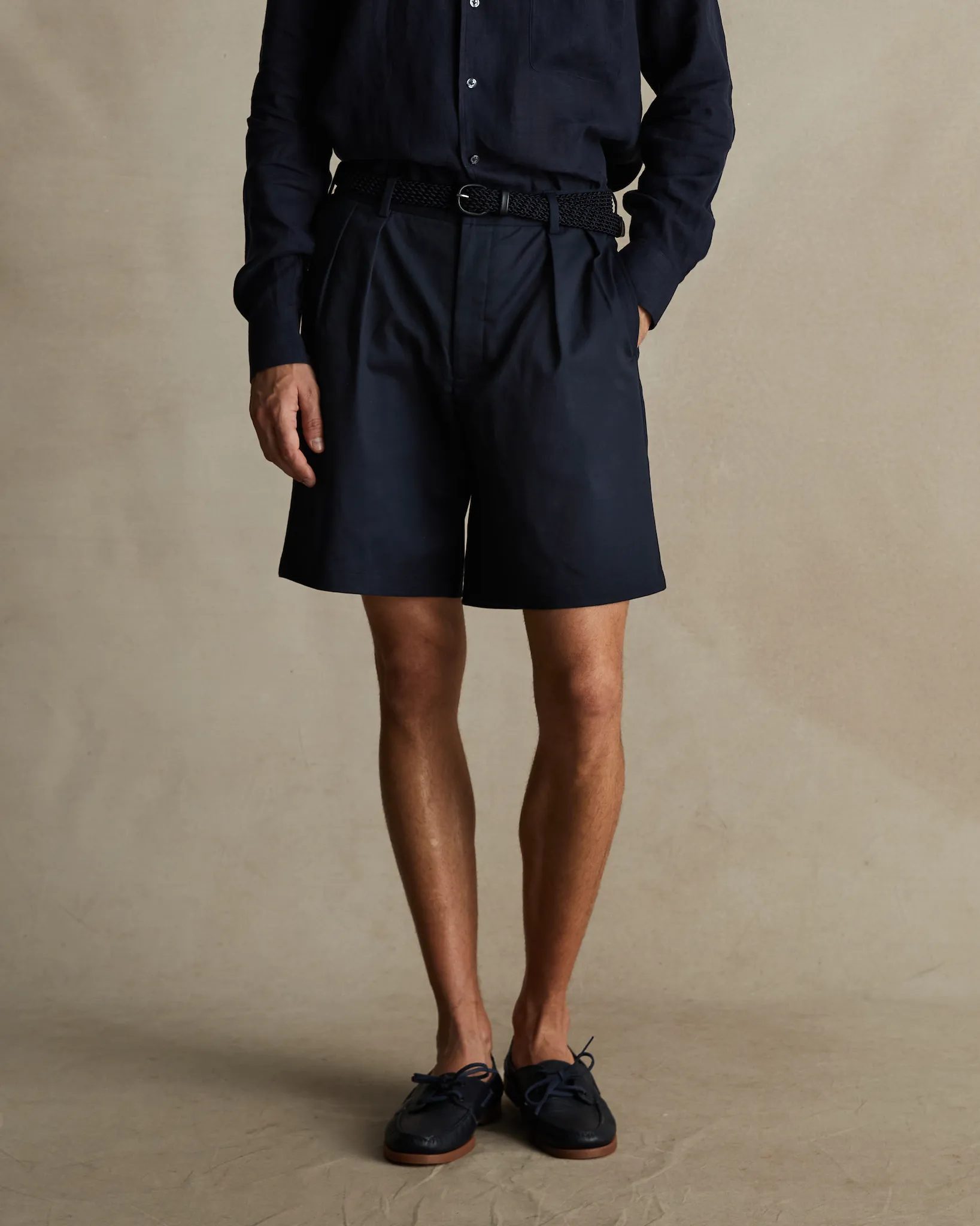 Navy Pleated Chino Shorts