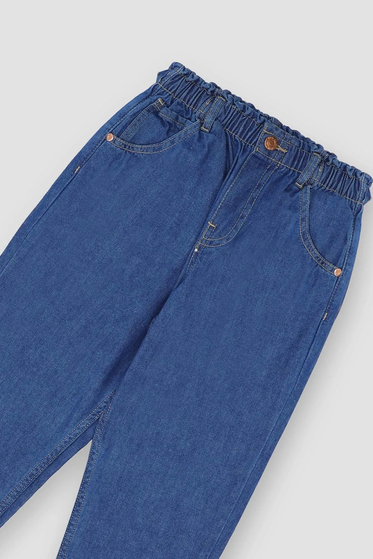 Paper Bag Denim Jeans For Girl - Mid Blue