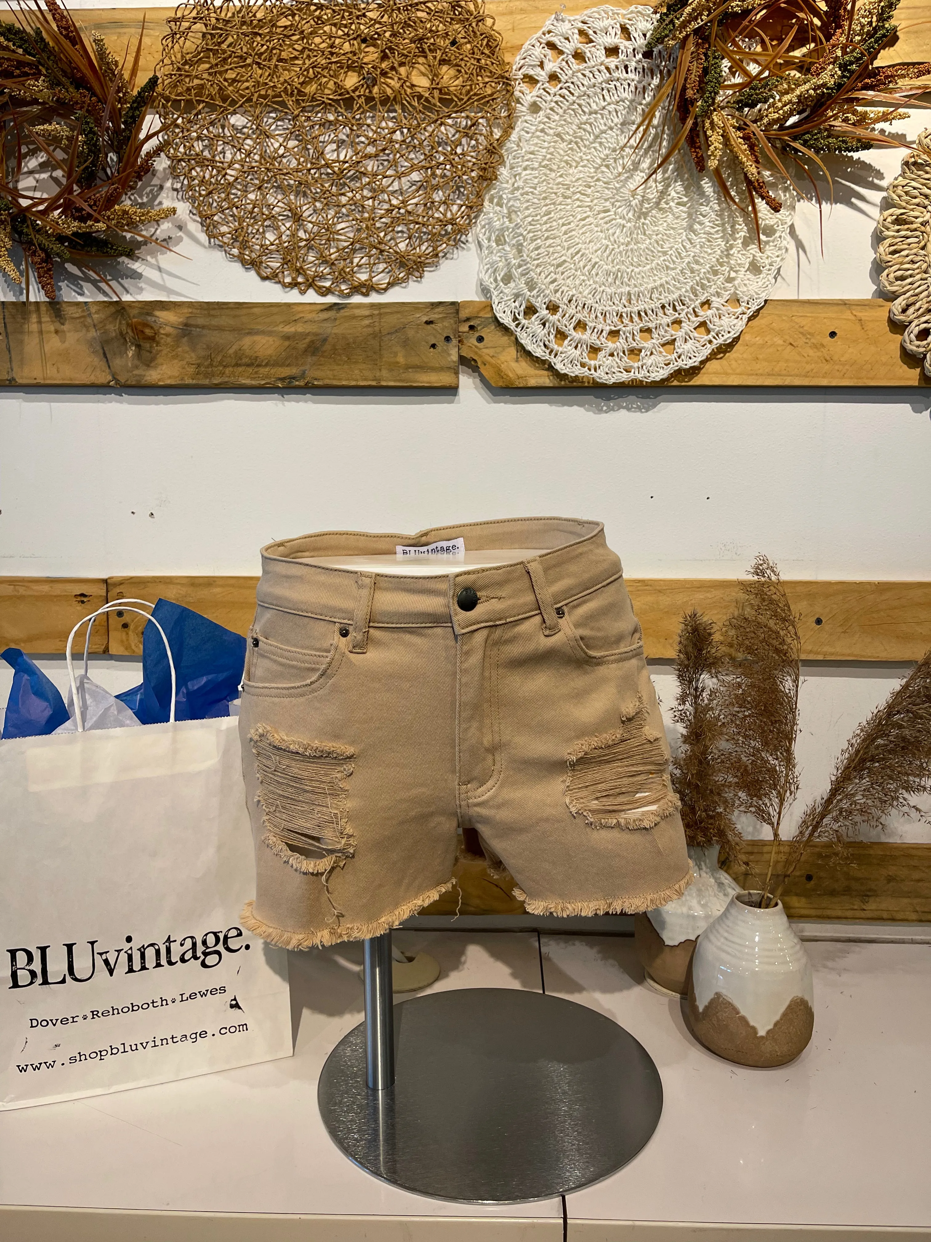 Raven Distressed Shorts in Tan
