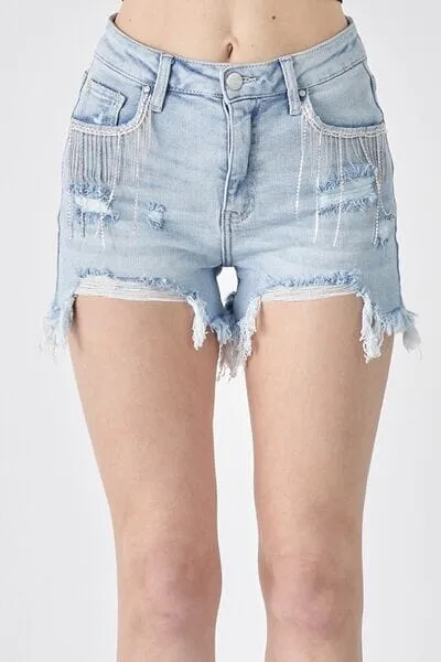 RISEN Light Blue Frayed Hem Denim Shorts with Fringe Detail Pockets