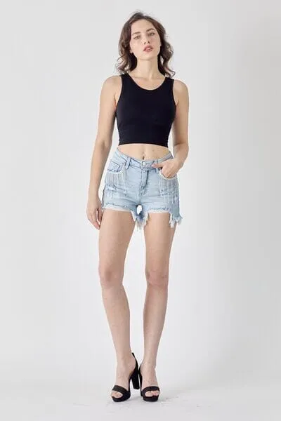 RISEN Light Blue Frayed Hem Denim Shorts with Fringe Detail Pockets