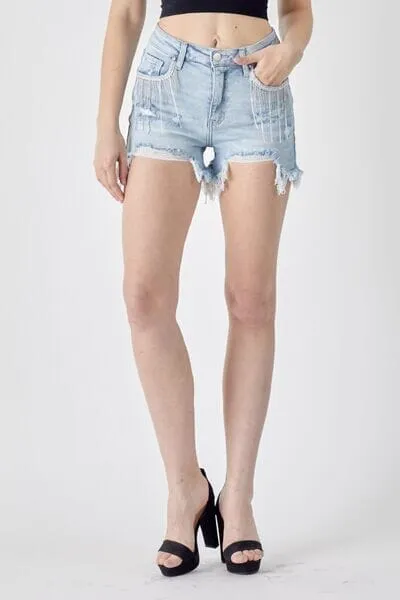 RISEN Light Blue Frayed Hem Denim Shorts with Fringe Detail Pockets