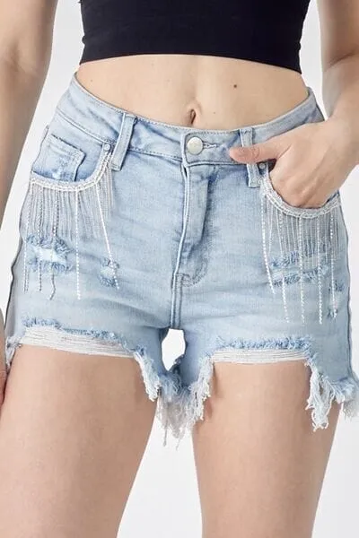 RISEN Light Blue Frayed Hem Denim Shorts with Fringe Detail Pockets