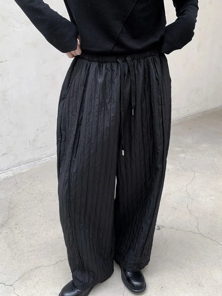 Textured Ruffled Wide-Leg Winter Trousers | Elastic Waist, Warm Cotton-Padded, Capri Length