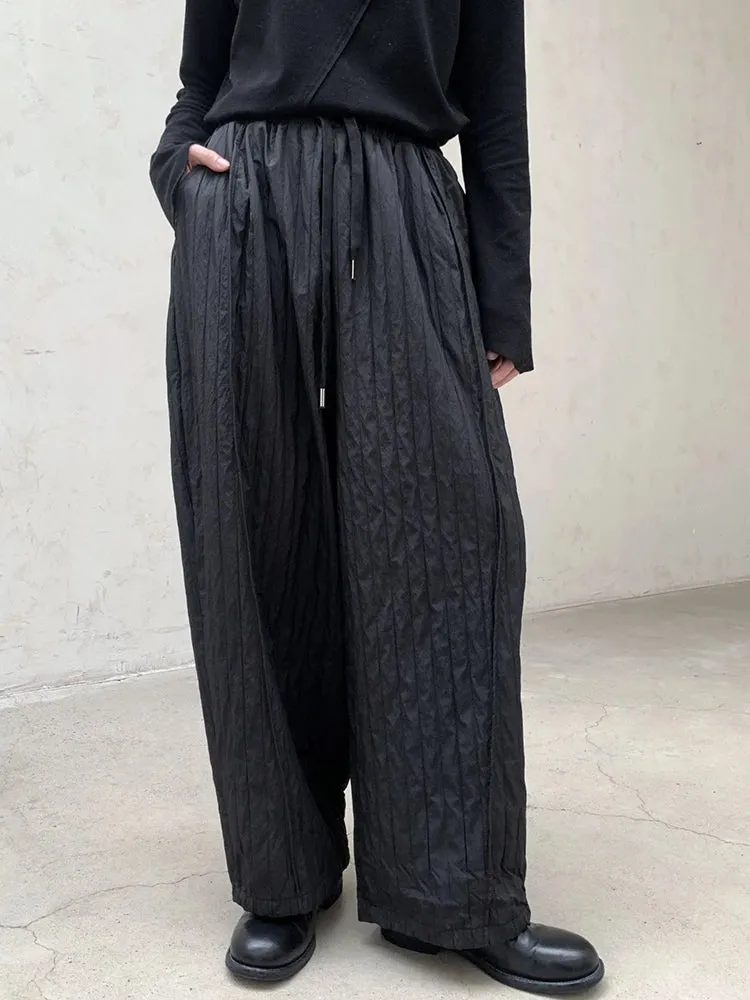 Textured Ruffled Wide-Leg Winter Trousers | Elastic Waist, Warm Cotton-Padded, Capri Length