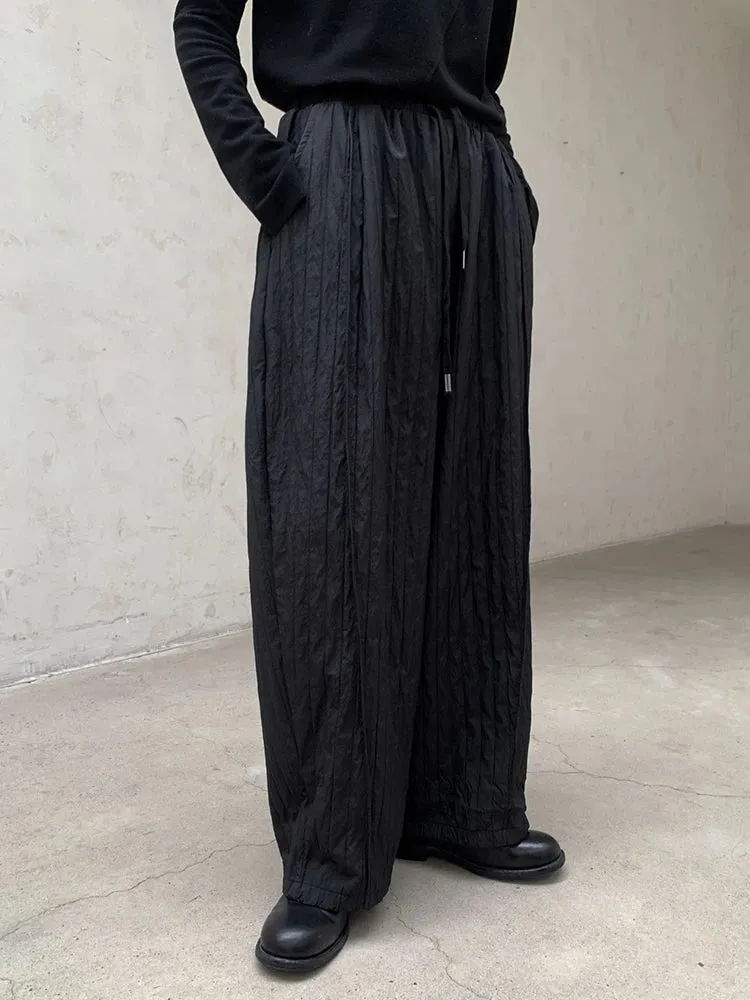 Textured Ruffled Wide-Leg Winter Trousers | Elastic Waist, Warm Cotton-Padded, Capri Length
