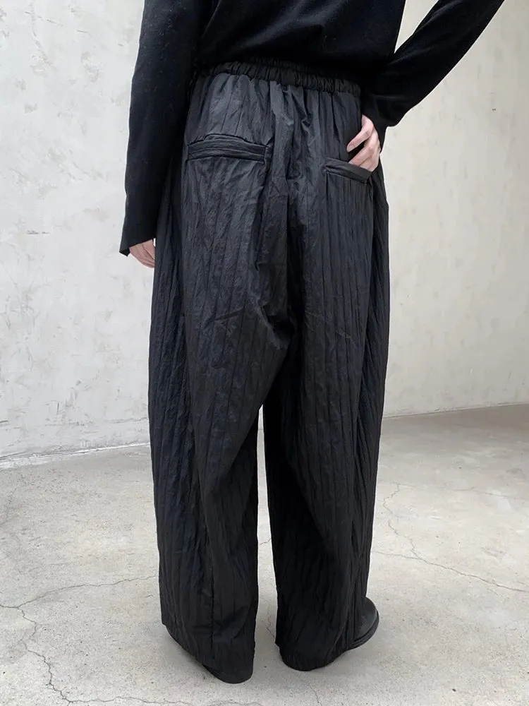 Textured Ruffled Wide-Leg Winter Trousers | Elastic Waist, Warm Cotton-Padded, Capri Length