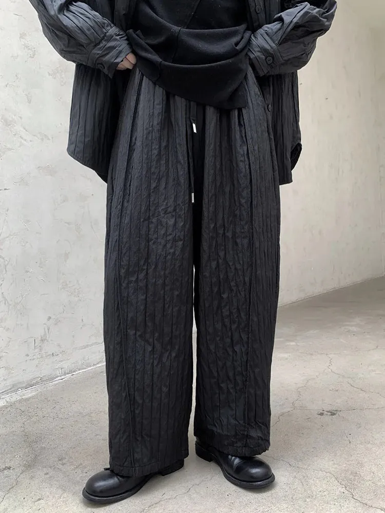 Textured Ruffled Wide-Leg Winter Trousers | Elastic Waist, Warm Cotton-Padded, Capri Length