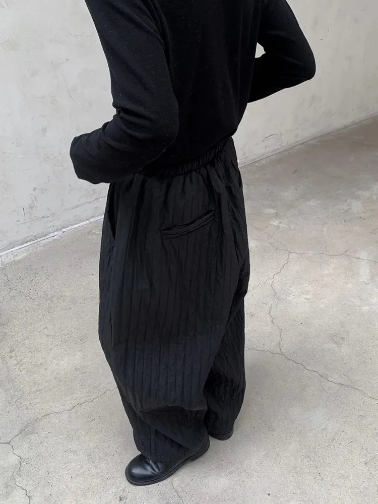 Textured Ruffled Wide-Leg Winter Trousers | Elastic Waist, Warm Cotton-Padded, Capri Length