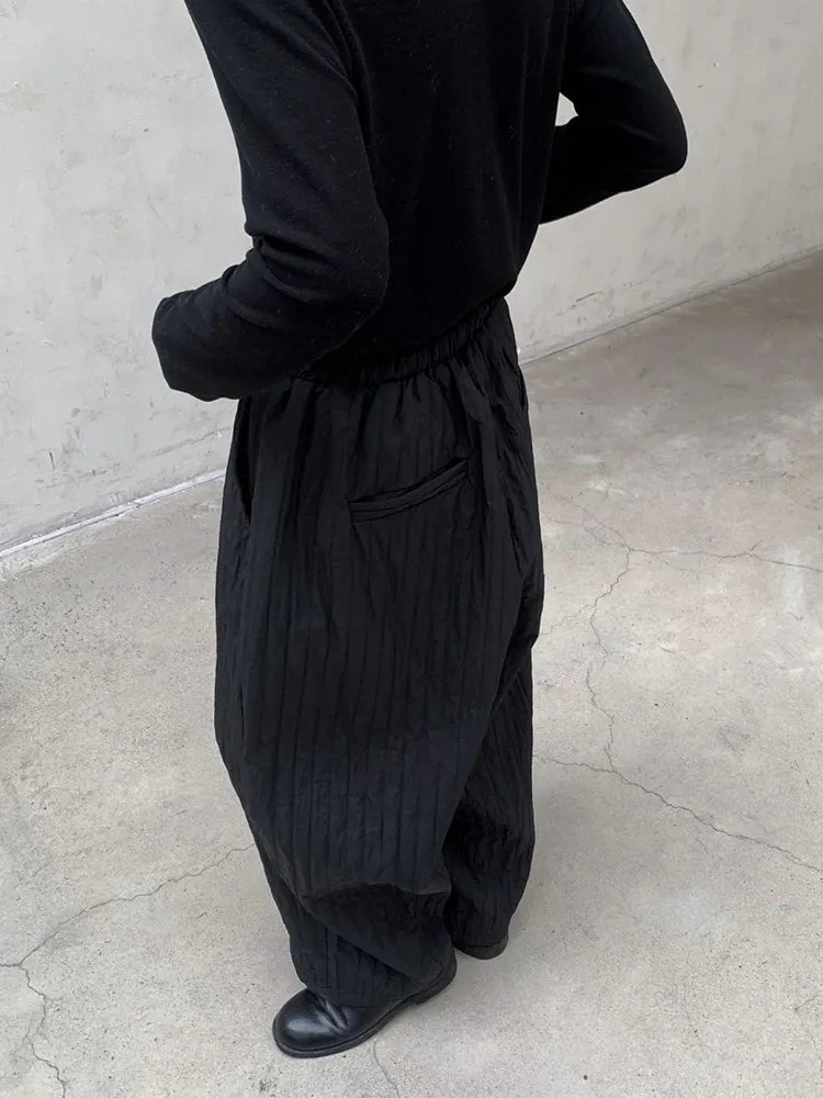 Textured Ruffled Wide-Leg Winter Trousers | Elastic Waist, Warm Cotton-Padded, Capri Length